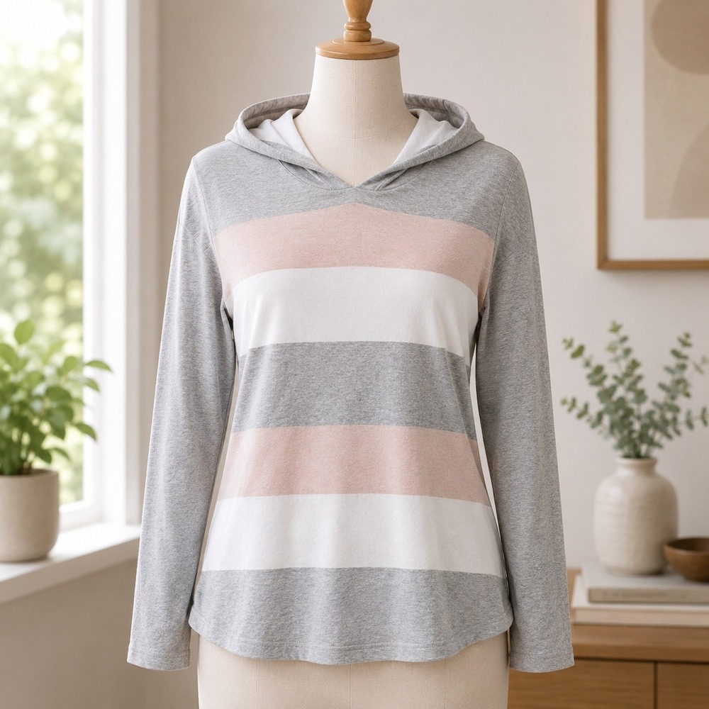 NWOT Kokun Striped Knit Hoodie Medium Grey White Tan V-Neck Pullover Sweater